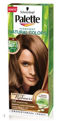 2. Farba Palette Permanent Natural Colors Brown Richness w odcieniu 568 - karmelowego brązu (Schwarzkopf, ok. 12,50 zł)