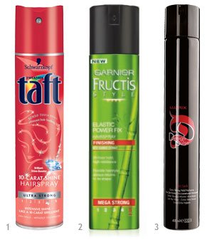 1. Lakier nabłyszczający Taft 10-Carat-Shine (Schwarzkopf, 13 zł) 2. Lakier elastyczny Fructis Style Elastic Power Fix (Garnier, 14 zł) 3. Szybkoschnący mocny lakier Design Pulse (Matrix, 400 ml, 36 zł, w salonach)