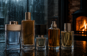 Olfaktoryczna awangarda – czy odważysz się pachnieć deszczem, dymem i industrialnym pyłem? alt: Perfumy przy oknie w deszczu