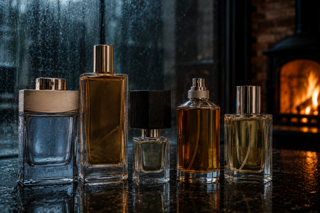 alt: Perfumy przy oknie w deszczu